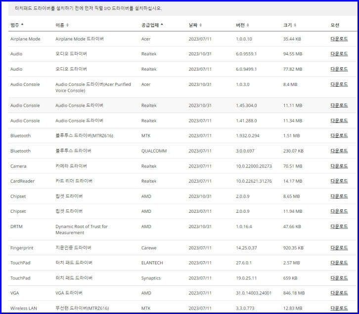 노트북 드라이버 목록
