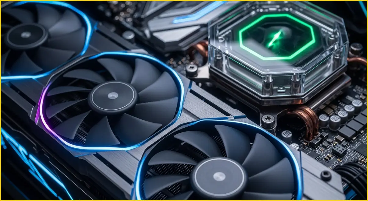 금속 질감과 네온 조명이 돋보이는 고사양 그래픽카드와 CPU 워터 블록의 근접 촬영 이미지입니다.