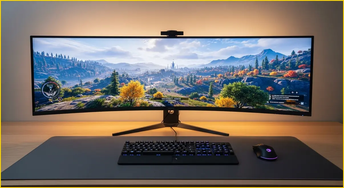 고화질 오픈월드 게임이 실행 중인 울트라 와이드 모니터와 깔끔한 데스크테리어의 게이밍 환경 이미지입니다.