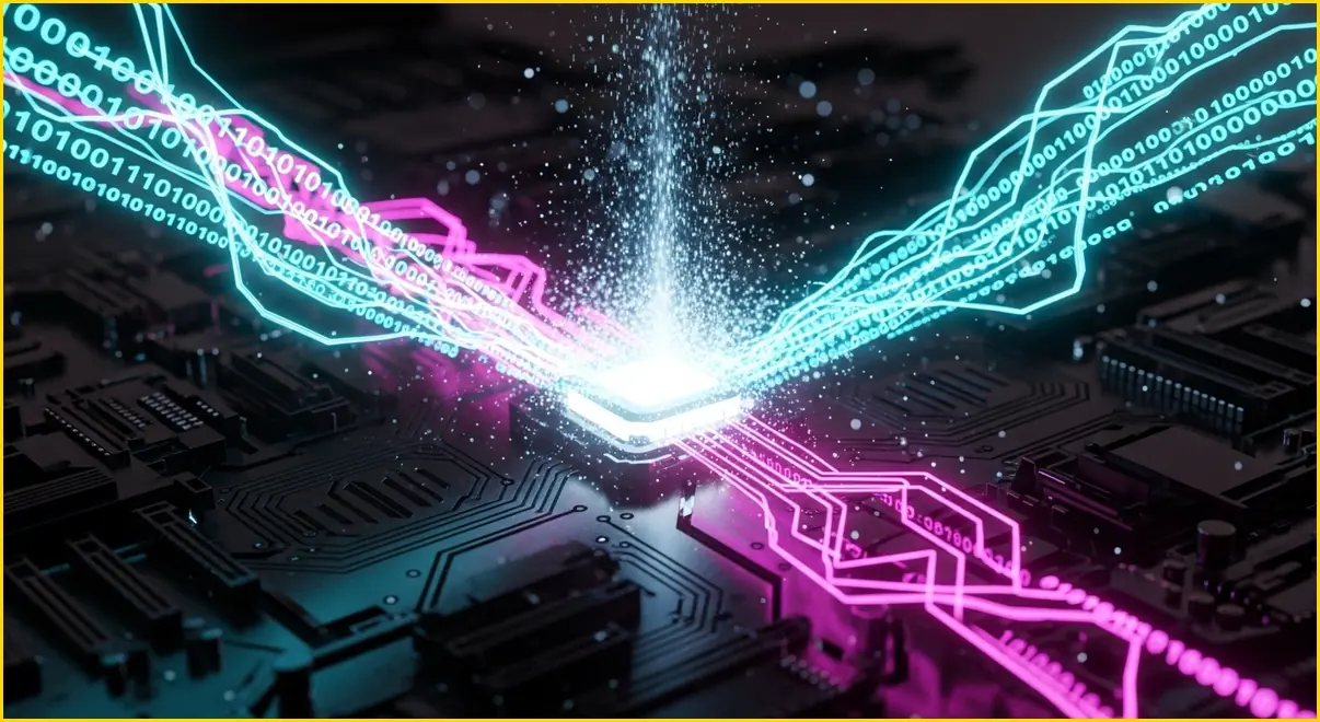 초고속 데이터 처리와 강력한 퍼포먼스를 상징하는 추상적인 메인보드 데이터 흐름 이미지입니다.