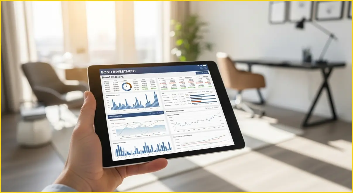 현대적인 홈 오피스 배경에서 태블릿을 통해 채권 투자 대시보드를 확인하는 모습의 이미지입니다.