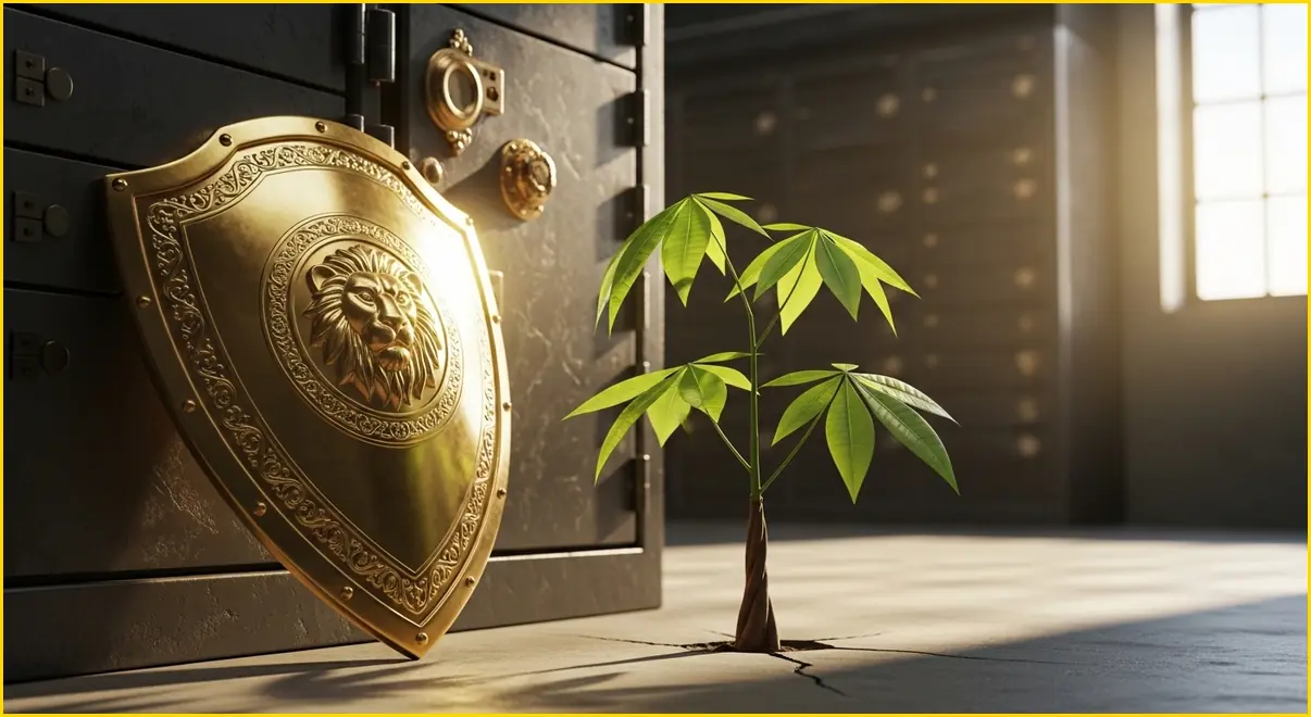 자산의 보호와 성장을 상징하는 황금 방패와 금고, 그리고 옆에서 자라나는 작은 식물의 이미지입니다.