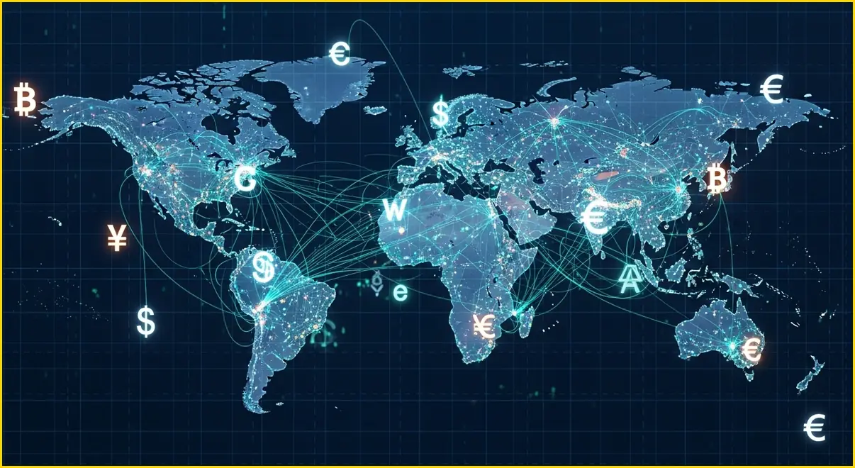 전 세계 금융 데이터와 연결망이 빛나는 미래 지향적인 세계 지도와 환율 및 금리 트렌드를 형상화한 이미지입니다.