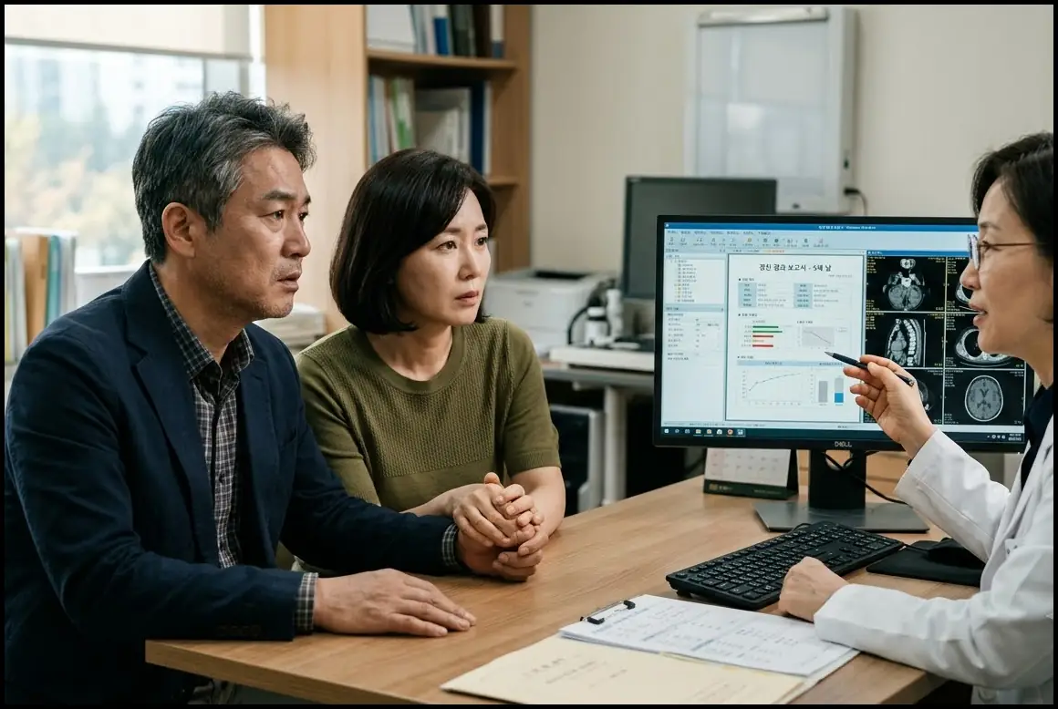 20대라고 안심했다가 결국 병원비 폭탄? 몰랐는데 소름돋는 나이별 건강검진 가이드 3 40대 한국인 부부가 진료실에서 의사와 함께 진지한 표정으로 건강검진 결과 모니터를 보며 상담