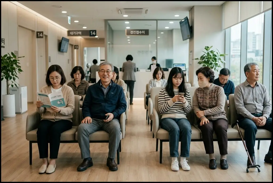 20대라고 안심했다가 결국 병원비 폭탄? 몰랐는데 소름돋는 나이별 건강검진 가이드 2 20대부터 60대까지 다양한 연령대의 한국인들이 깔끔한 건강검진 센터 대기실에 앉아 차례