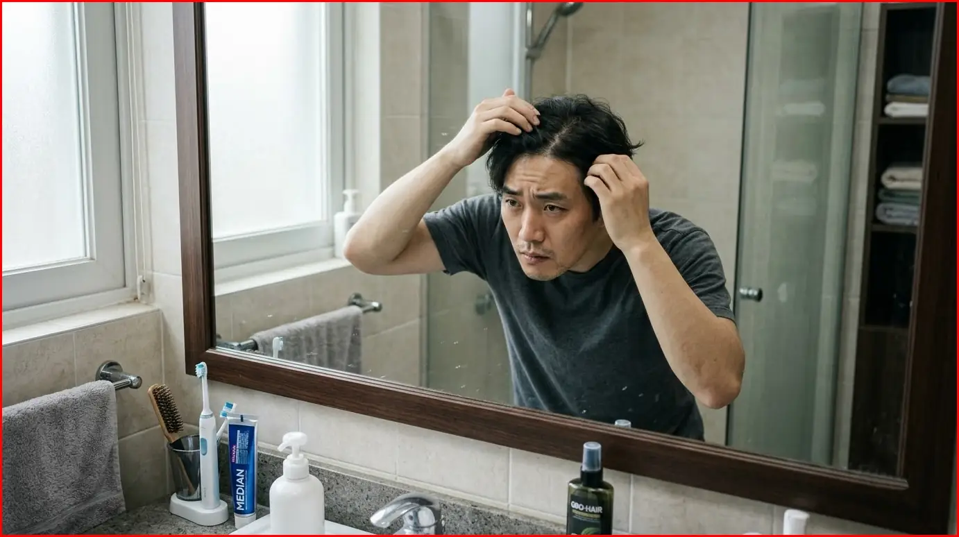 머리 깎다 소름돋은 내 머리숱… 알고 보니 싹 다 털리기 전 보내는 탈모 신호 7가지 2 거울을 보며 정수리와 이마 라인의 탈모 초기 신호를 체크하는 30대 한국인 남성의 모습