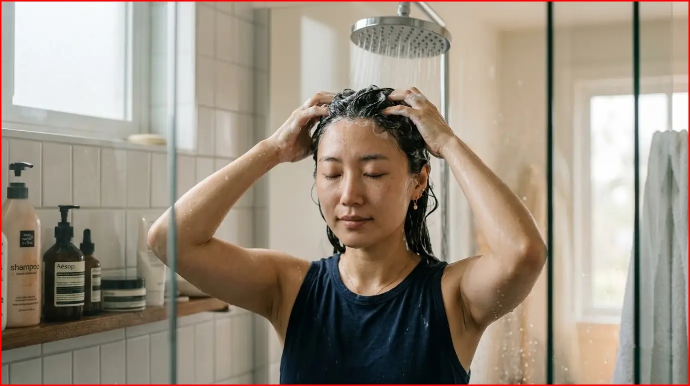 머리 깎다 소름돋은 내 머리숱… 알고 보니 싹 다 털리기 전 보내는 탈모 신호 7가지 3 저녁에 미온수로 올바른 샴푸법을 실천하며 두피 마사지를 하는 한국인 여성