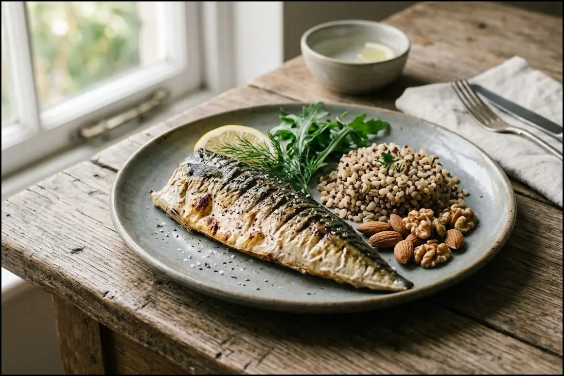 건강할 줄 알았는데 소름돋는 수치.. 결국 싹 다 바꾼 중성지방 낮추는 음식 3가지 3 현미밥, 고등어 구이, 약간의 견과류가 정갈하게 차려진 한국식 건강 밥상