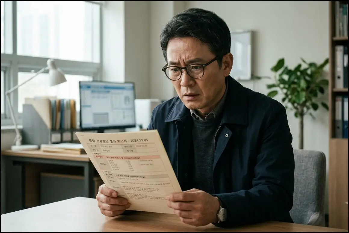 건강할 줄 알았는데 소름돋는 수치.. 결국 싹 다 바꾼 중성지방 낮추는 음식 3가지 2 건강검진 결과지를 보며 충격받고 걱정하는 중년 한국 남성의 모습