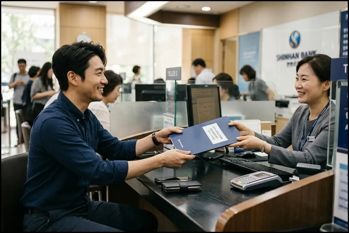 월세 아끼려 청년 전세대출 신청 방법 알아봤더니, 진작 안 한 걸 후회합니다 3 은행 창구에 앉아 준비한 대출 서류를 은행원에게 제출하며 밝게 웃고 있는 30대 한국인 남성