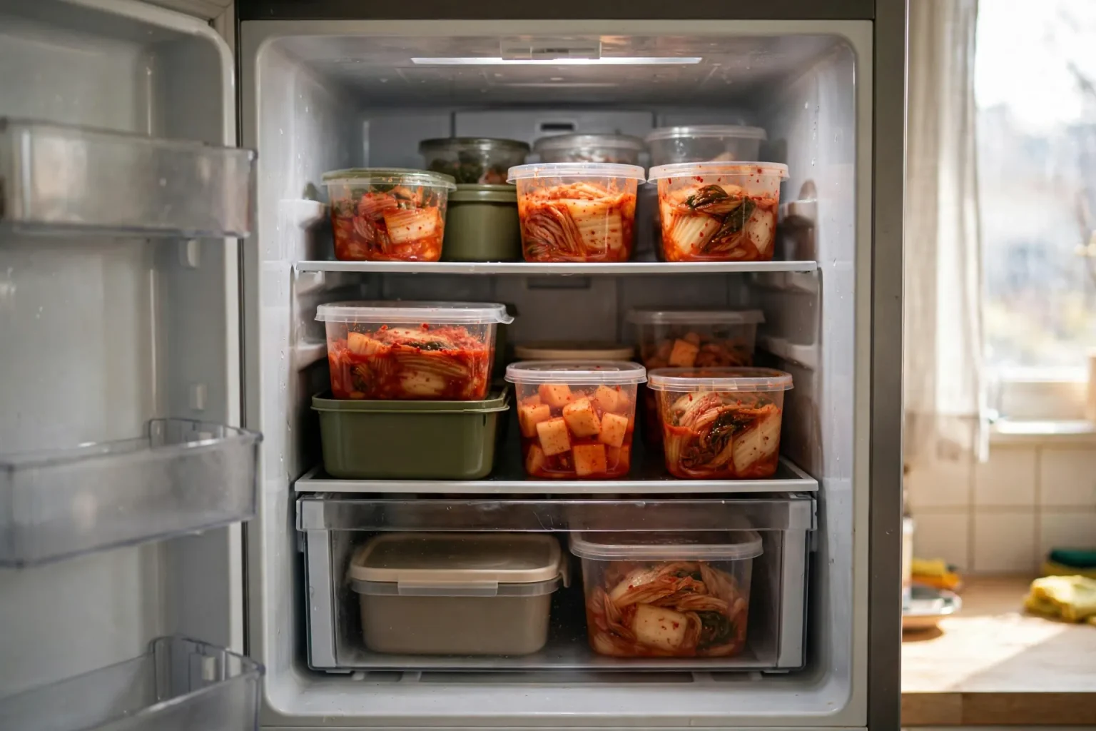 김치냉장고 김치 시어지는 이유 3가지, 온도부터 공기 차단까지 3 김치통이 정리된 김치냉장고