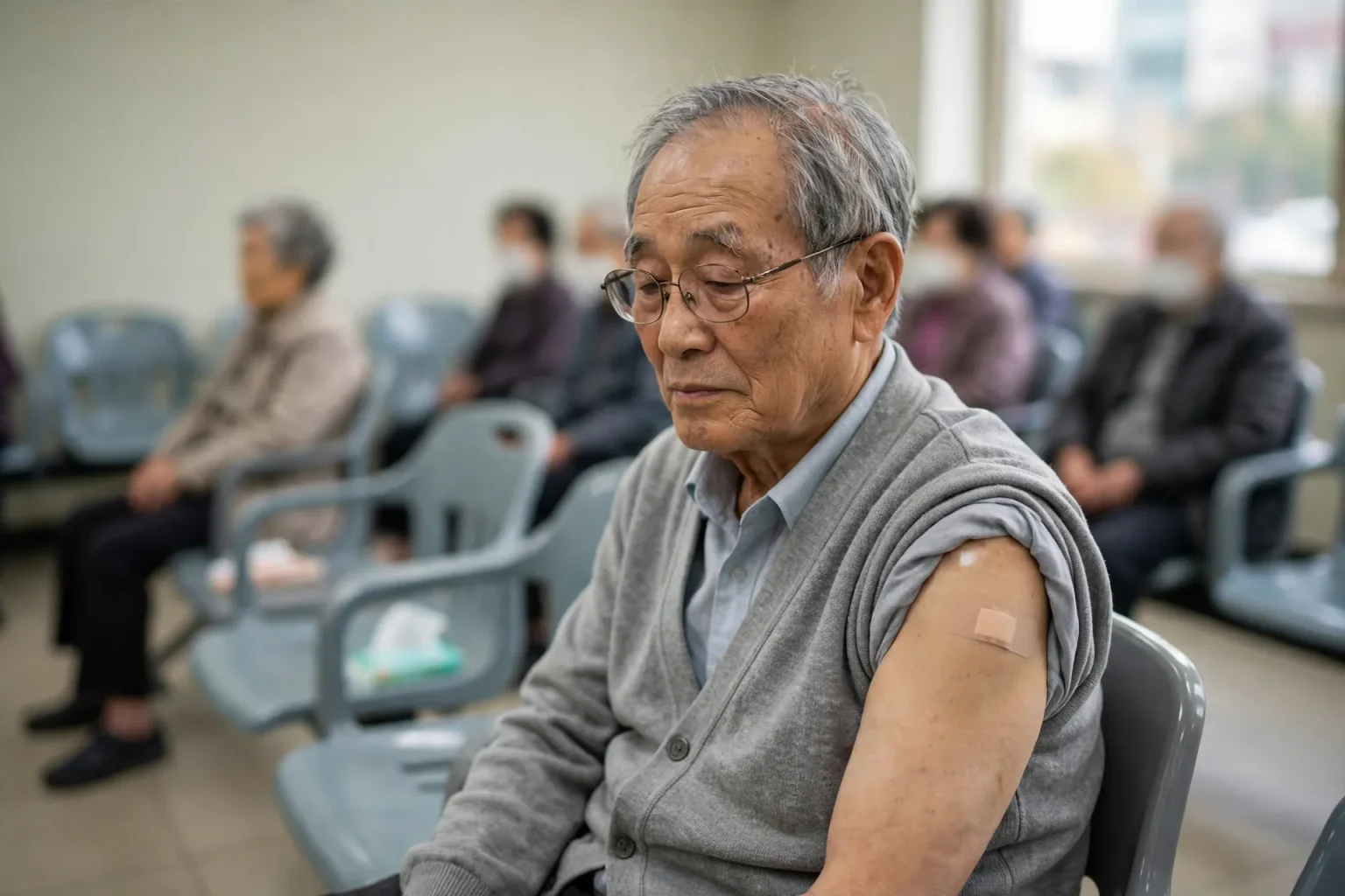 폐렴구균 예방접종 무료, 지정병원 아닌 곳에서 맞으면 전액 본인 부담? 3 접종을 마치고 대기실에서 팔에 반창고를 붙인 채 쉬며 폐렴구균 예방접종 이상 반응을 살피는 어르신